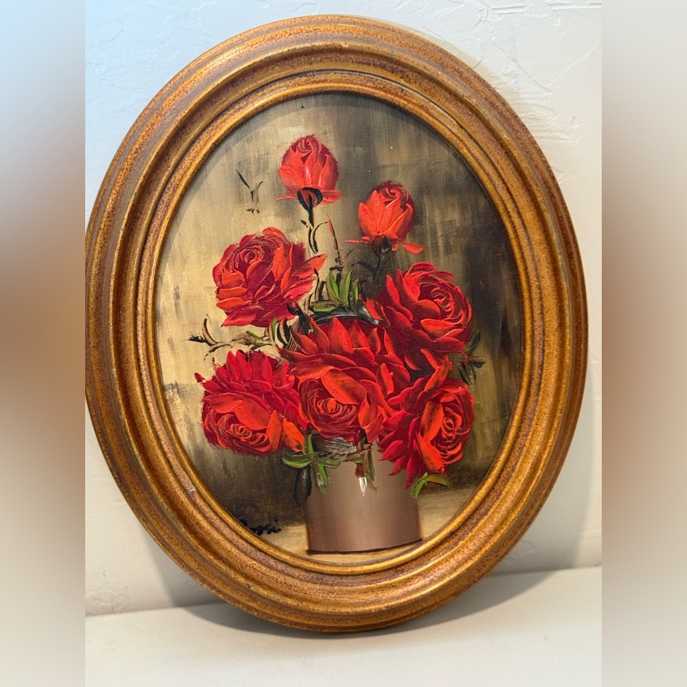 Vintage Original Oval Framed Oil Painting Signed By Artist Floral Red Roses